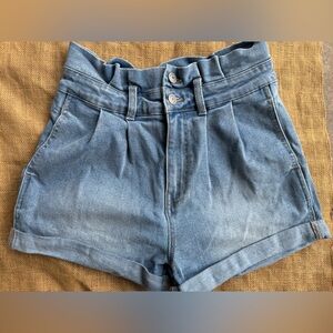 High Rise Paper Bag Denim High-Waisted Shorts Small Blue High Waist Denim Shorts